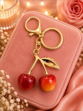 Gold Cherry Keychain Charm in Red-Orange